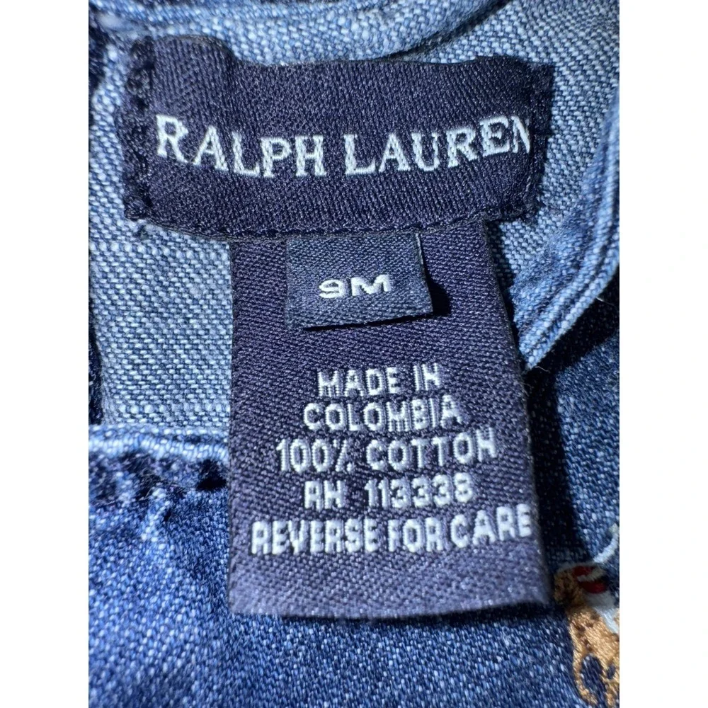 Vintage Ralph Lauren Denim Infant Dress Size 9m Classic Ruffled Hem Embroidered